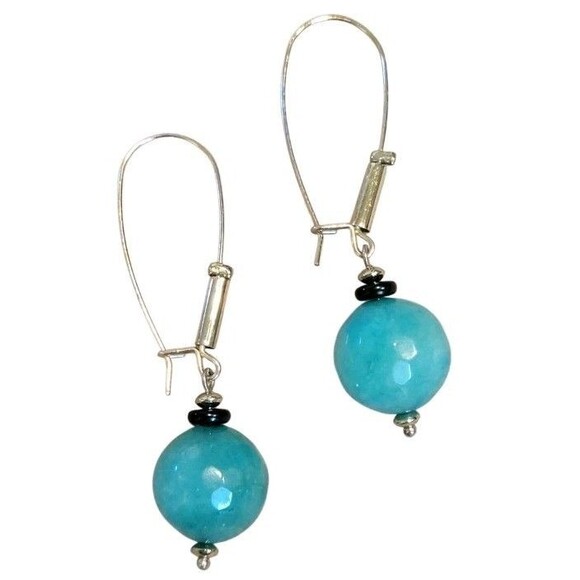 Green Faceted Stone Amazonite Large Bead Dangle Drop Earrings Long Wire Hooks - Picture 3 of 7